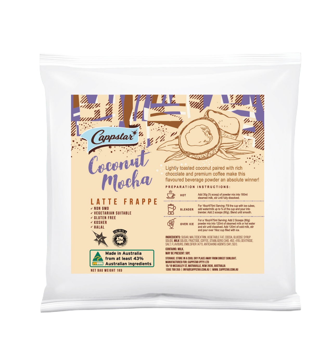 Cappstar Coconut Mocha latte frappe packaging on a white background
