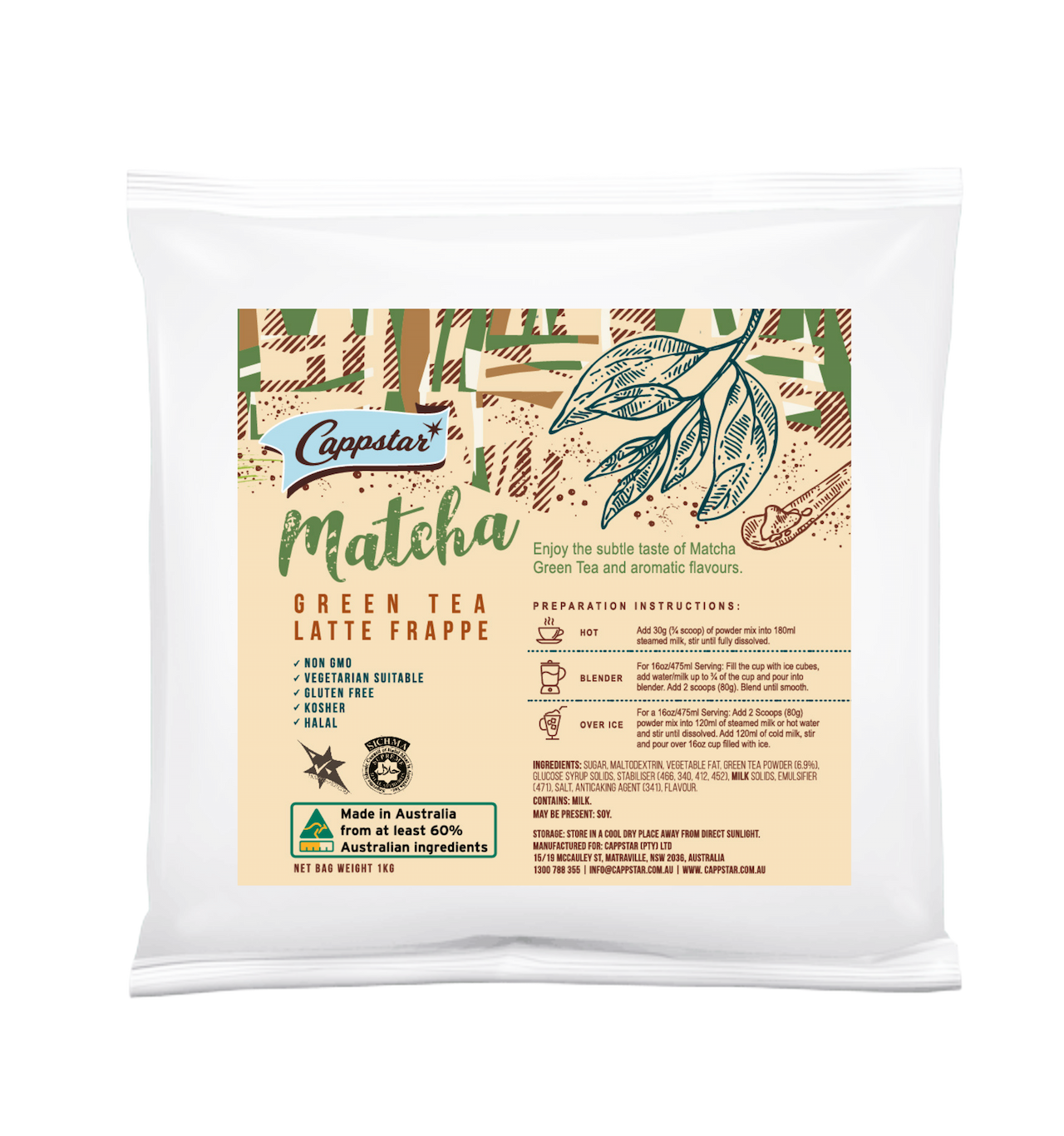 Cappstar Matcha Green Tea Latte Frappe packaging on a white background