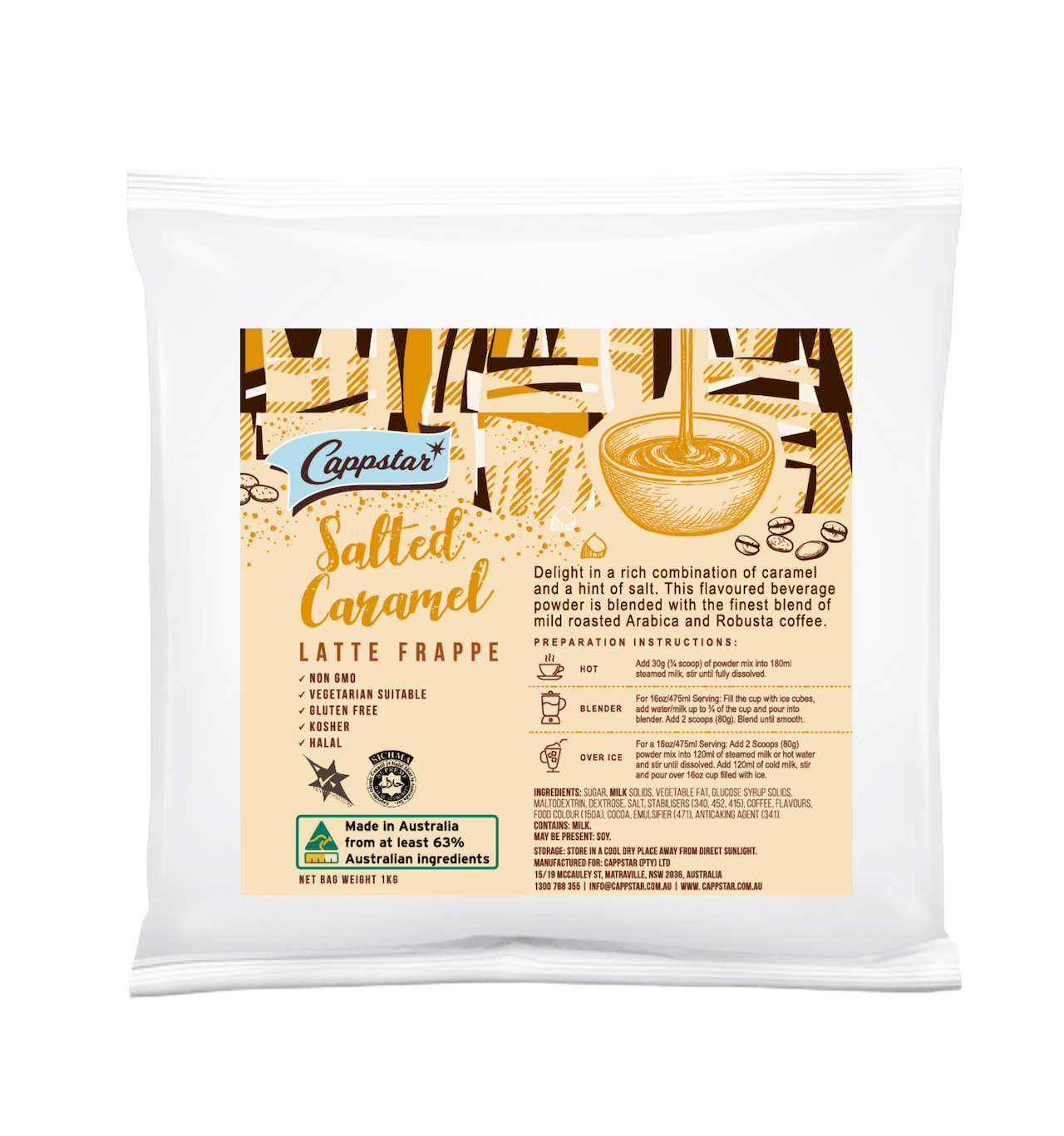 Cappstar Salted Caramel Latte Frappe packaging with label on a white background